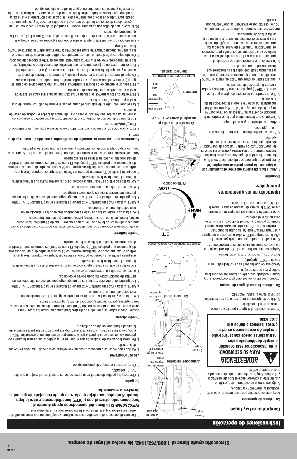 Advertencia, Instrucciones de operación, Comprobar si hay fugas | Operación de los quemadores principales | Blue Rhino GBC772W-C User Manual | Page 16 / 24