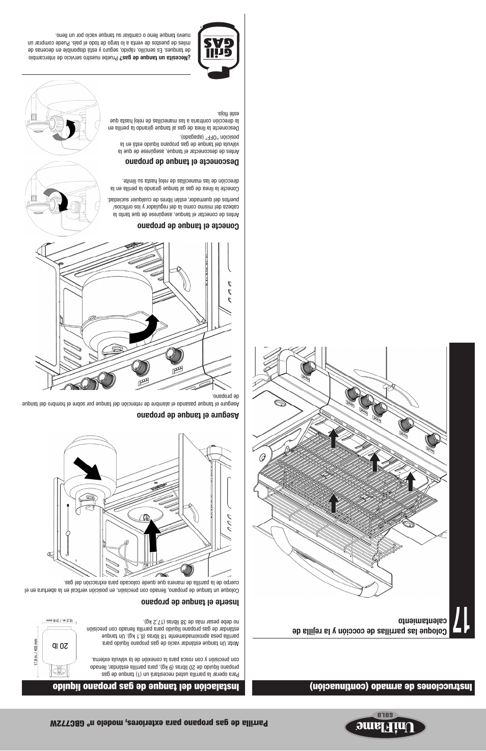 Instalación del tanque de gas propano líquido, Instrucciones de armado (continuación) | Blue Rhino GBC772W-C User Manual | Page 17 / 24