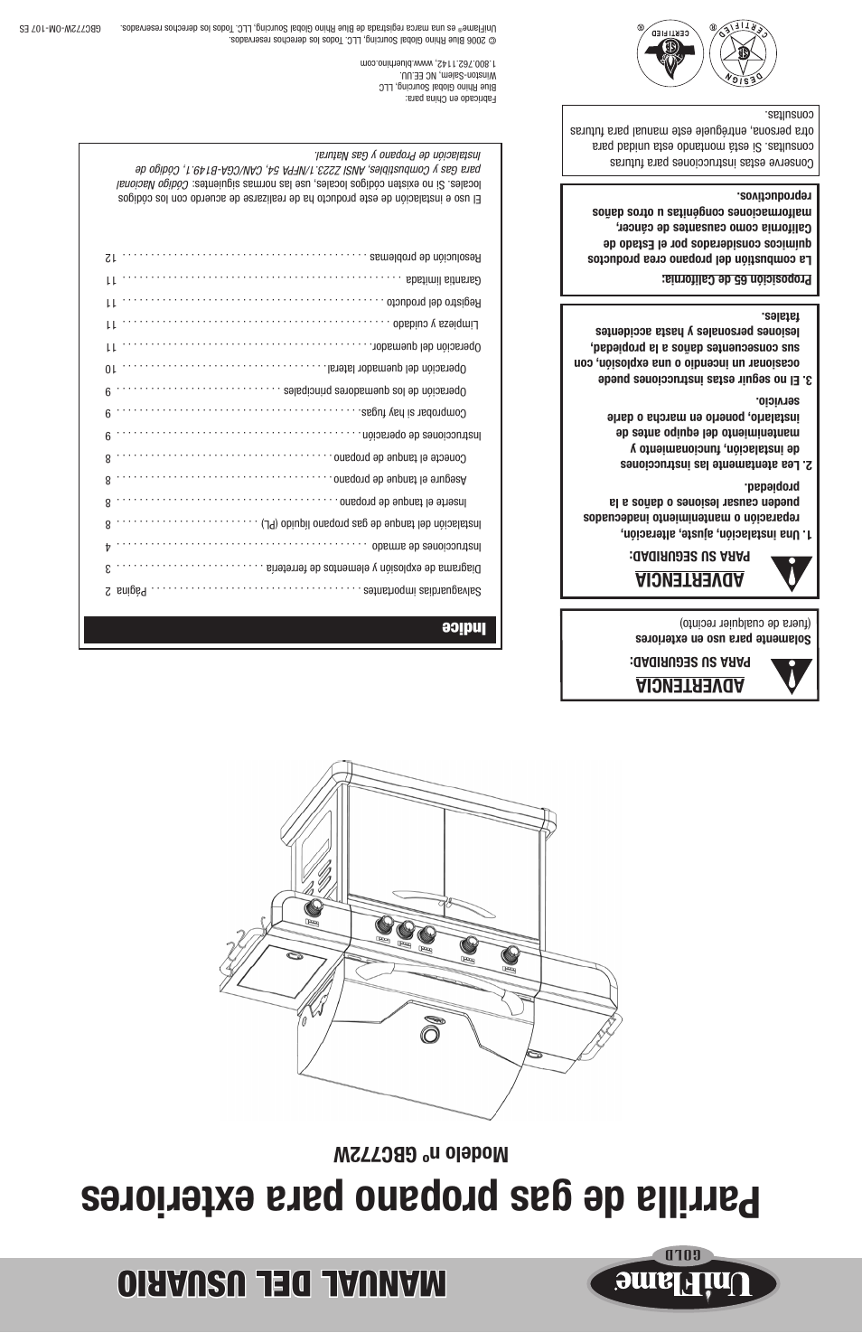 Parrilla de gas propano para e xteriores, Manual del usu ario, Modelo nº gbc772w | Advertencia, Indice | Blue Rhino GBC772W-C User Manual | Page 24 / 24