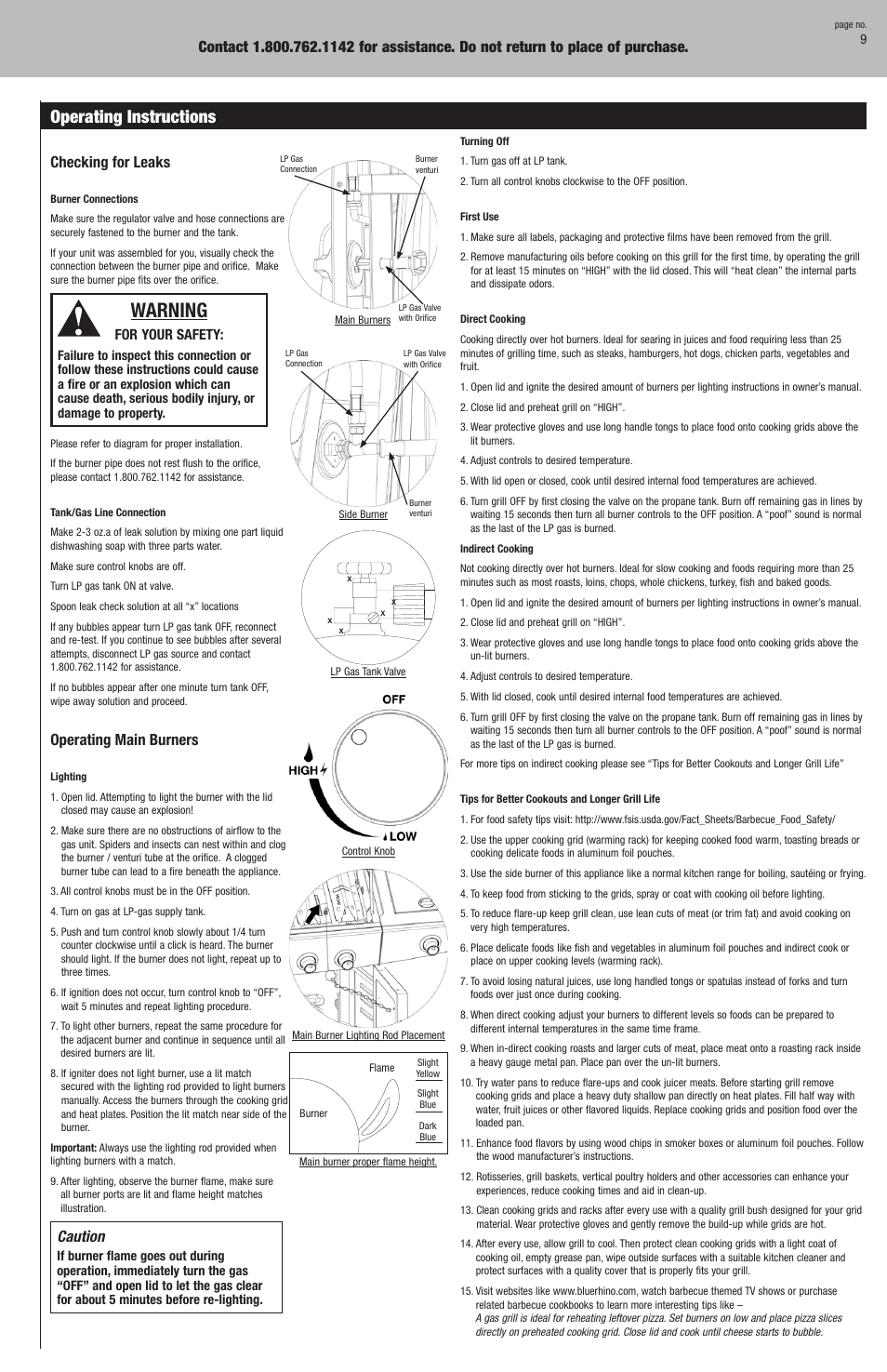 Warning, Operating instructions, Checking for leaks | Operating main burners, Caution | Blue Rhino GBC772W-C User Manual | Page 9 / 24