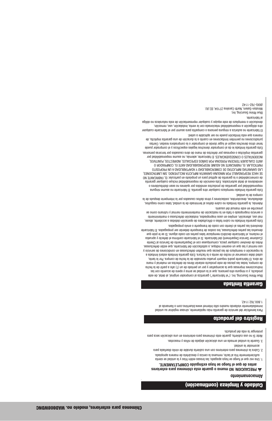 Registro del producto, Garantia limitada, Cuidado y limpieza (continuación) | Blue Rhino WAD808WDNC User Manual | Page 7 / 12