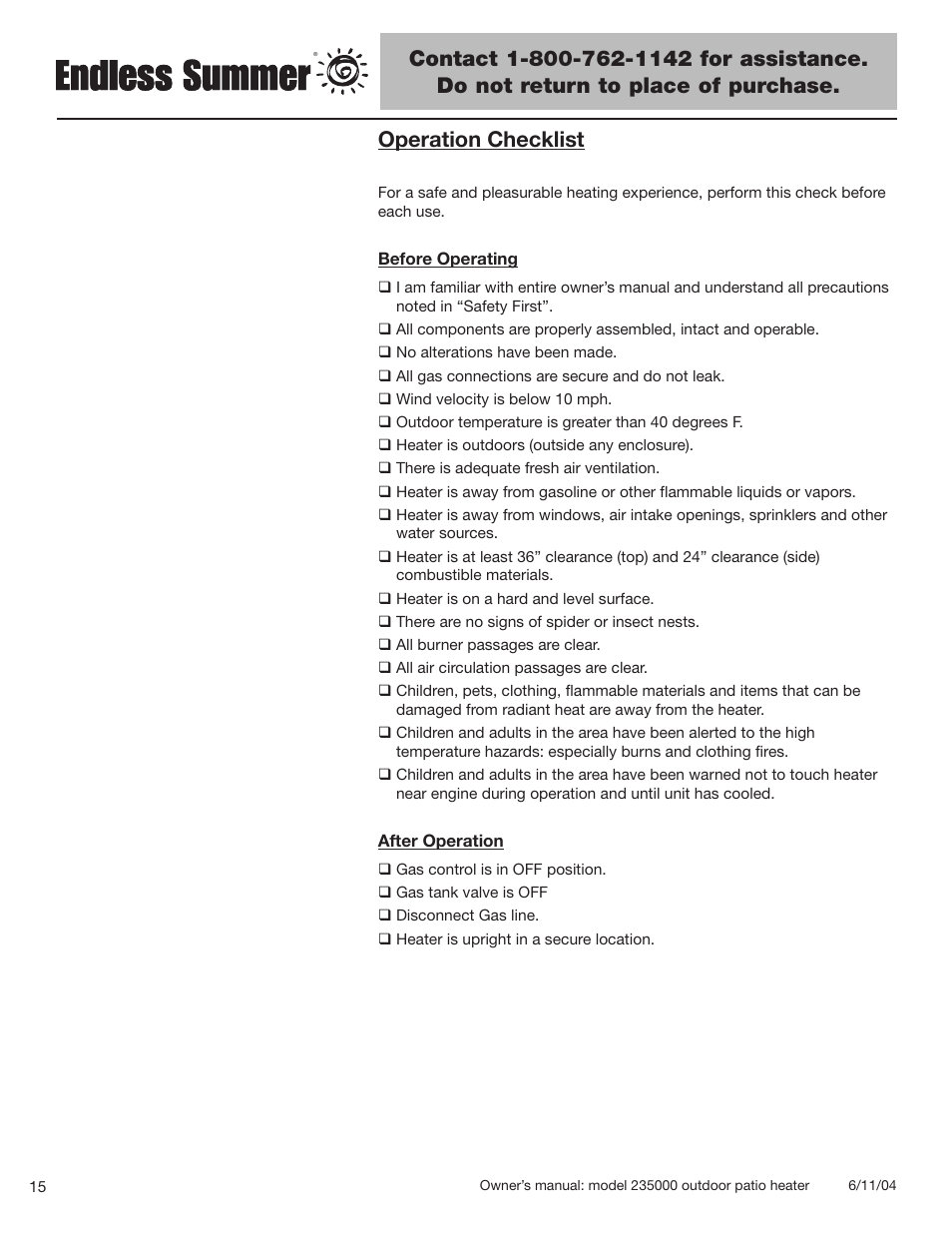 Operation checklist | Blue Rhino 235000 User Manual | Page 16 / 42