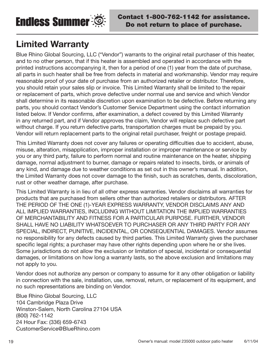 Limited warranty | Blue Rhino 235000 User Manual | Page 20 / 42