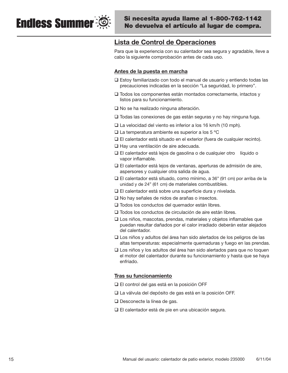 Lista de control de operaciones | Blue Rhino 235000 User Manual | Page 36 / 42