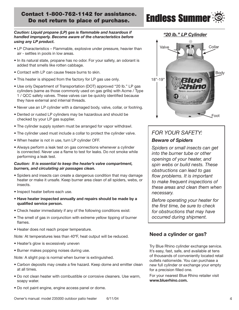 For your safety, Need a cylinder or gas | Blue Rhino 235000 User Manual | Page 5 / 42