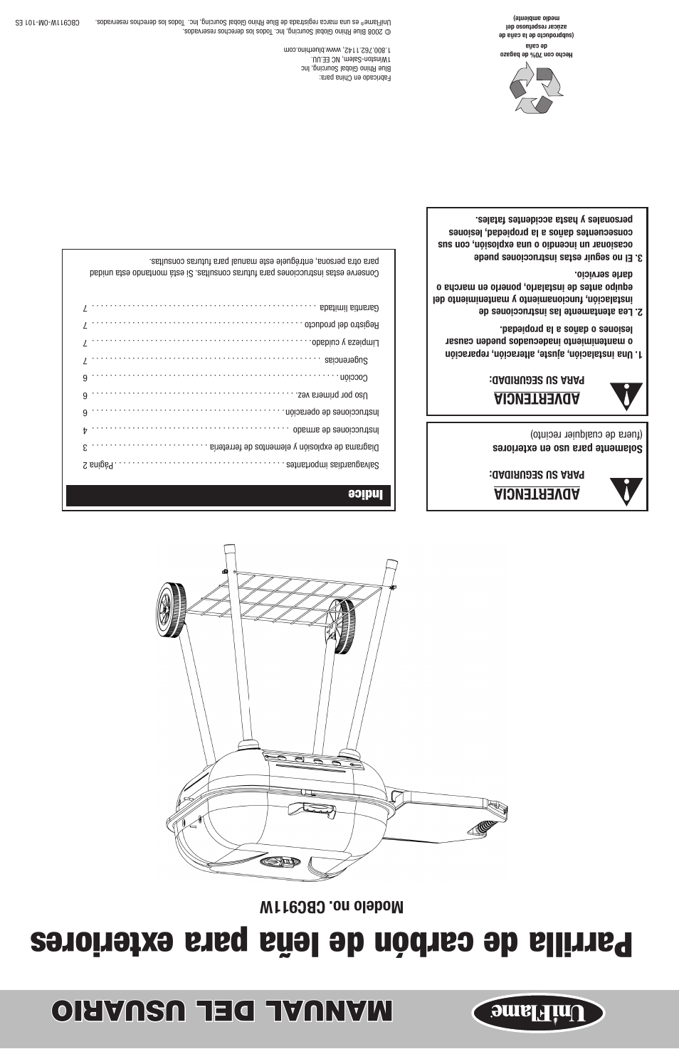 Parrilla de carbón de leña para exteriores, Manual del usuario, Modelo no. cbc911w | Advertencia, Indice | Blue Rhino CBC911W User Manual | Page 16 / 16