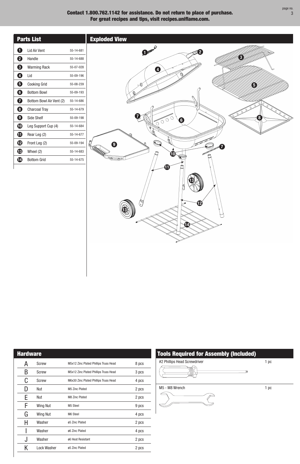 Parts list, Exploded view, Tools required for assembly (included) | Hardware | Blue Rhino CBC911W User Manual | Page 3 / 16