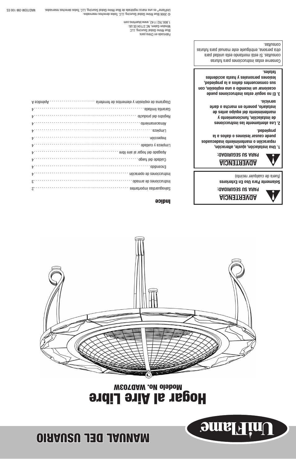 Hogar al aire libre, Manual del usu ario, Modelo no. wad703w | Advertencia, Indice | Blue Rhino WAD703W User Manual | Page 10 / 10