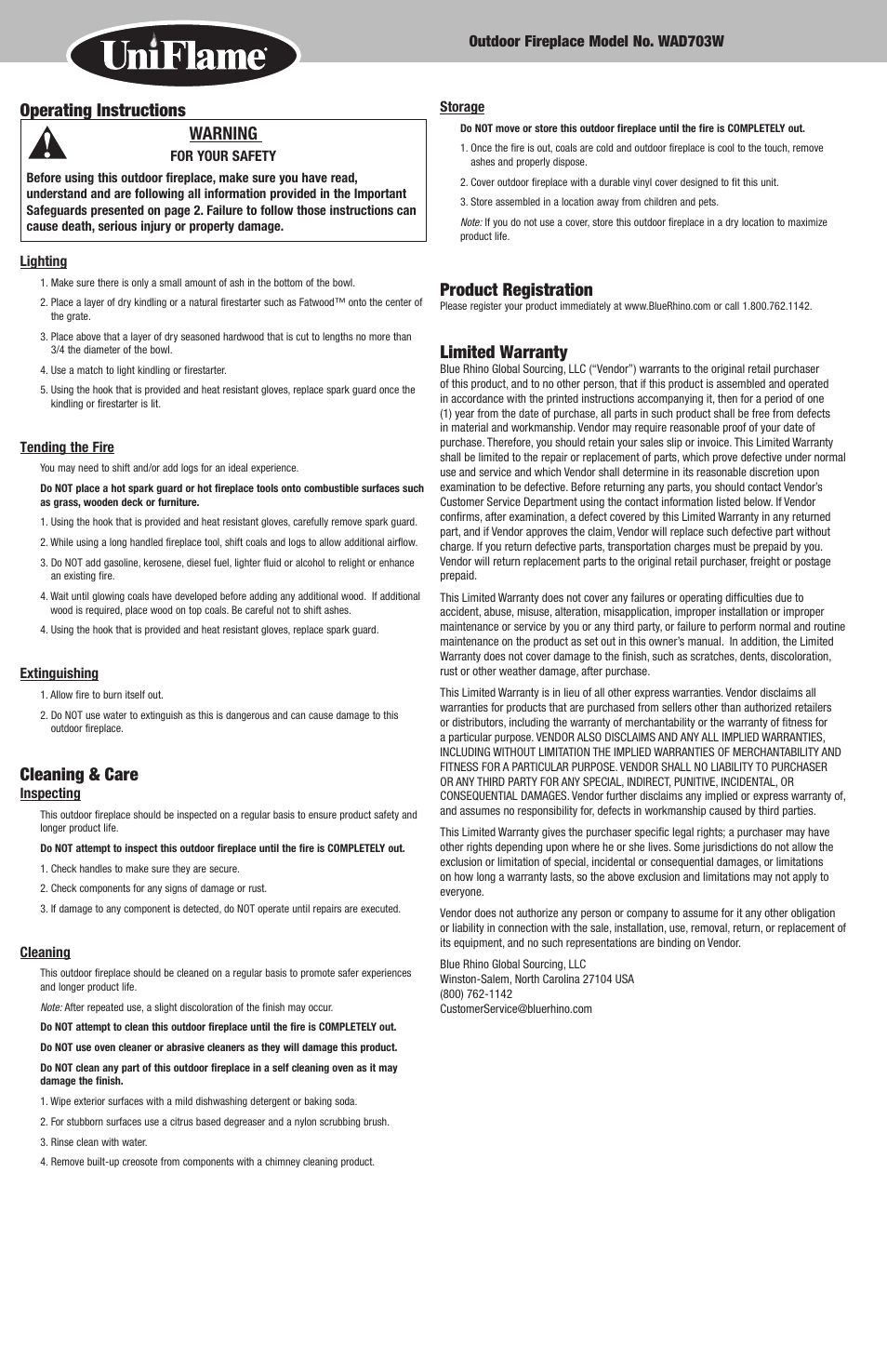 Operating instructions warning, Cleaning & care, Product registration | Limited warranty | Blue Rhino WAD703W User Manual | Page 4 / 10