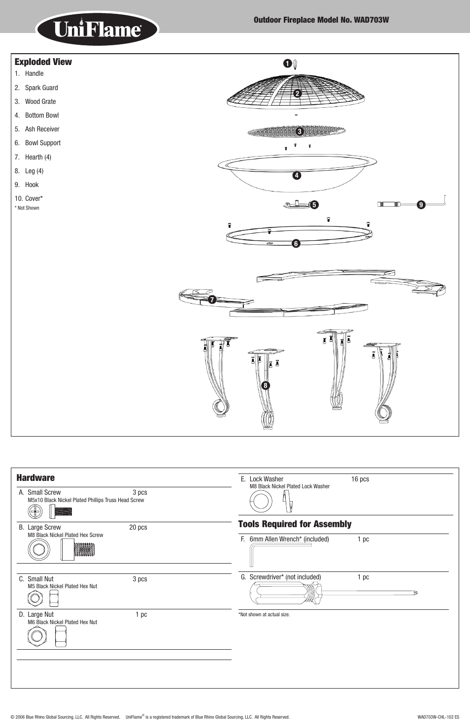 Exploded view, Hardware, Tools required for assembly | Blue Rhino WAD703W User Manual | Page 5 / 10