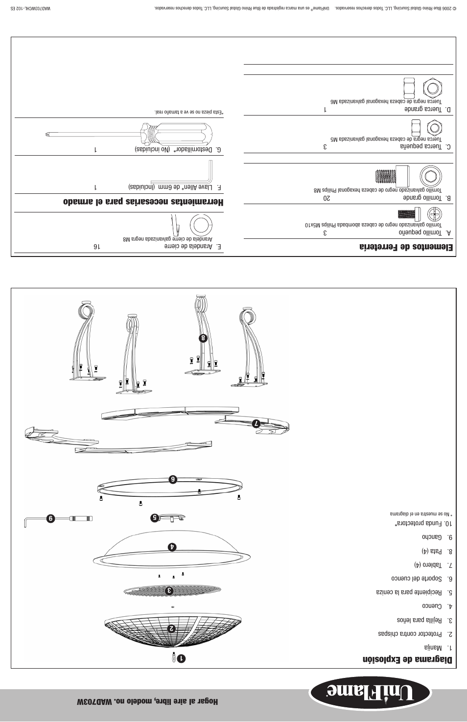 Diagrama de explosión, Elementos de ferretería, Herramientas necesarias para el armado | Blue Rhino WAD703W User Manual | Page 6 / 10