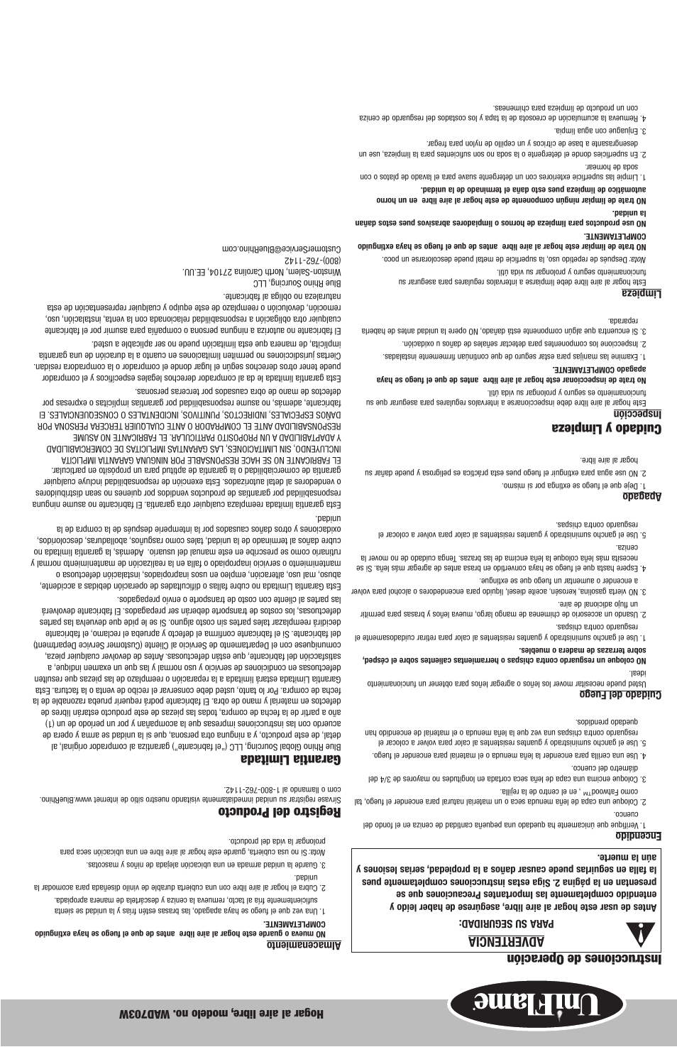 Instrucciones de operación advertencia, Cuidado y limpieza, Registro del producto | Garantia limitada, Hogar al aire libre , modelo no. w ad703w | Blue Rhino WAD703W User Manual | Page 7 / 10