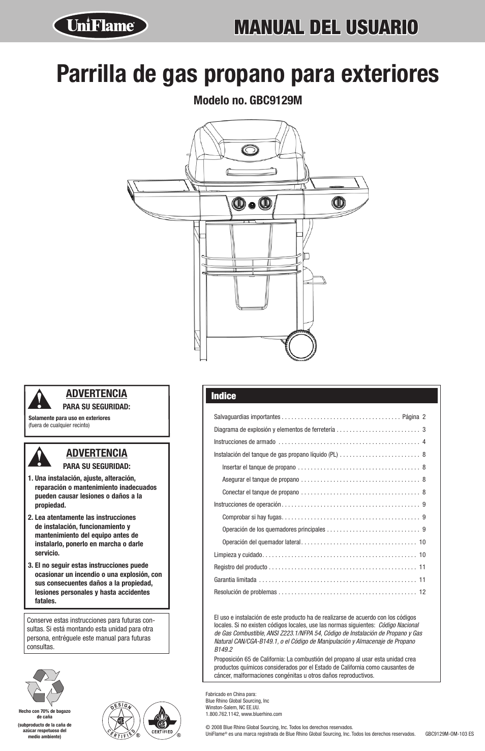 Parrilla de gas propano para exteriores, Manual del usuario, Modelo no. gbc9129m | Advertencia, Indice | Blue Rhino GBC9129M User Manual | Page 13 / 24