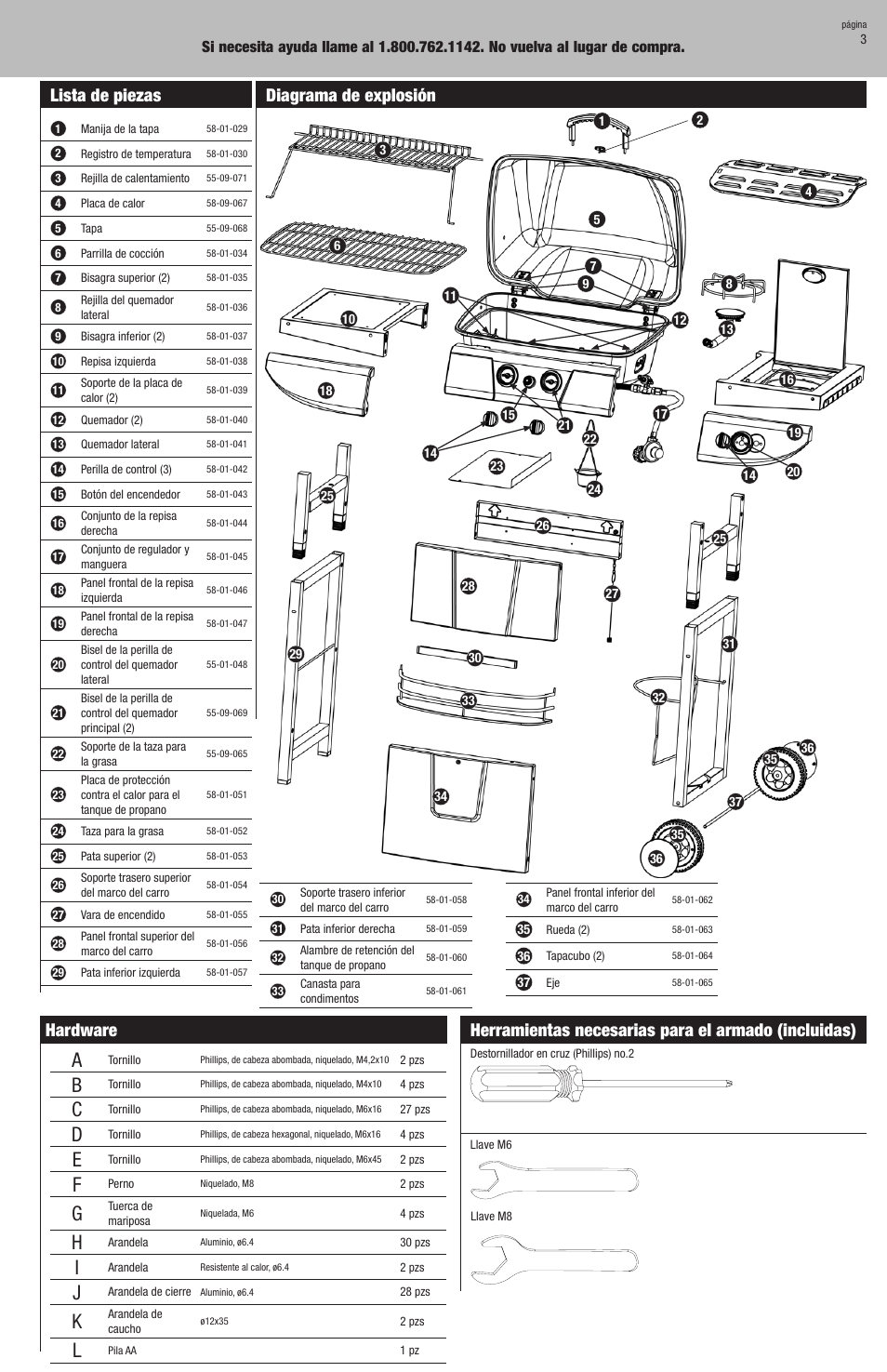 Herramientas necesarias para el armado (incluidas), Hardware, Lista de piezas | Diagrama de explosión | Blue Rhino GBC9129M User Manual | Page 15 / 24