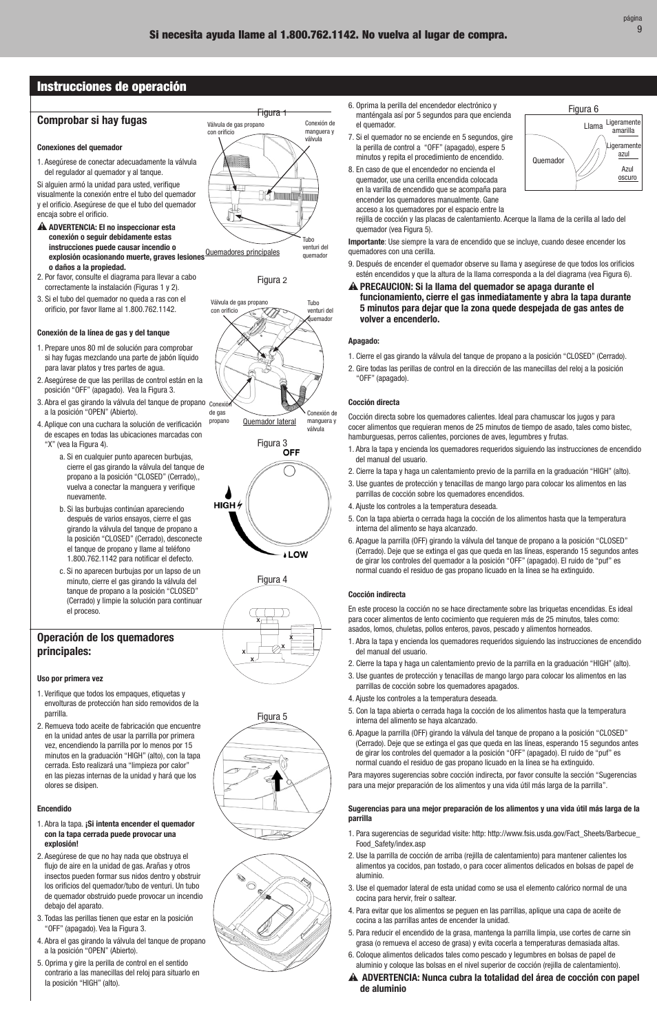 Instrucciones de operación, Comprobar si hay fugas, Operación de los quemadores principales | Blue Rhino GBC9129M User Manual | Page 21 / 24