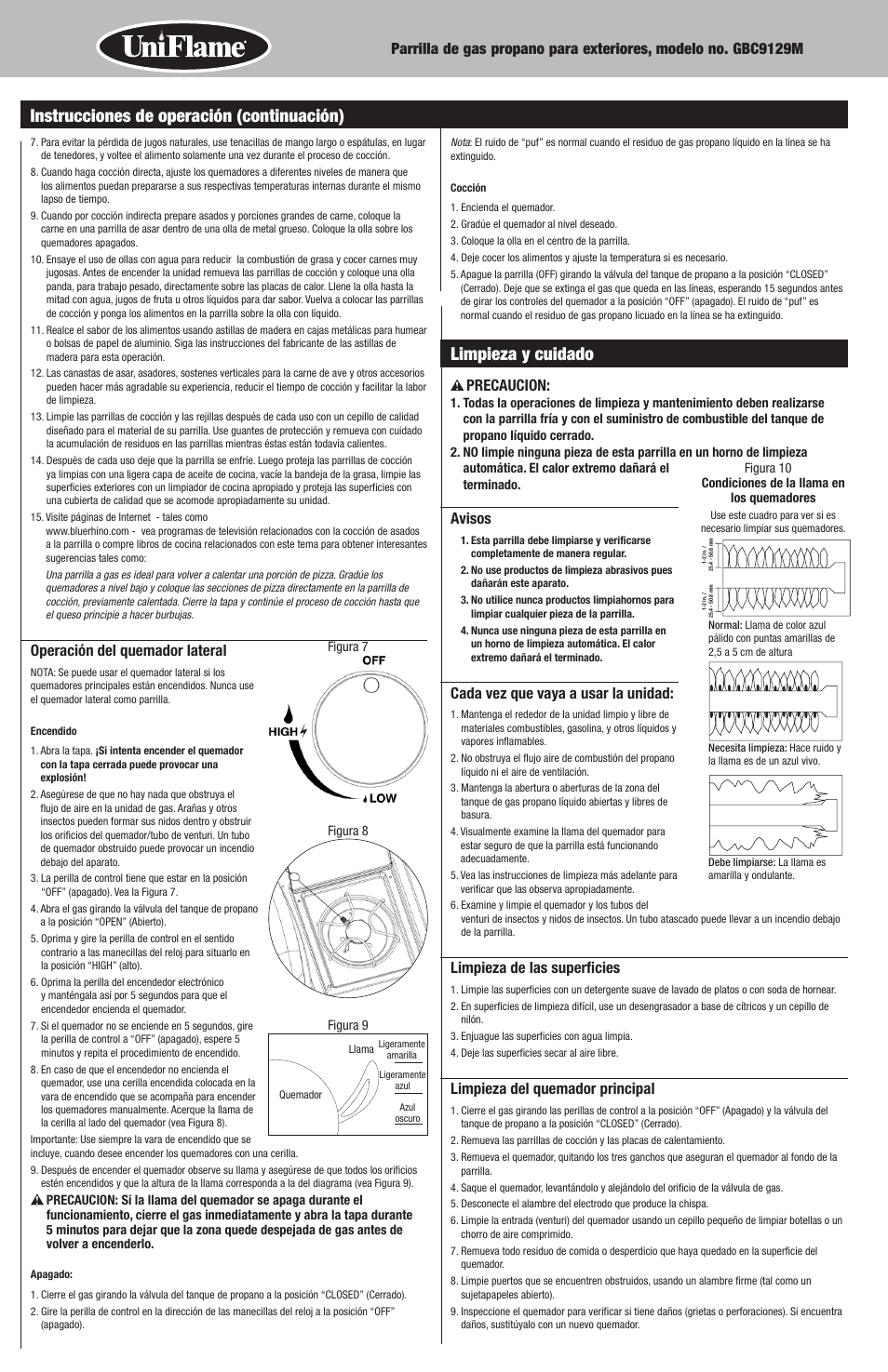 Limpieza y cuidado, Instrucciones de operación (continuación), Operación del quemador lateral | Precaucion, Avisos, Cada vez que vaya a usar la unidad, Limpieza de las superficies, Limpieza del quemador principal | Blue Rhino GBC9129M User Manual | Page 22 / 24