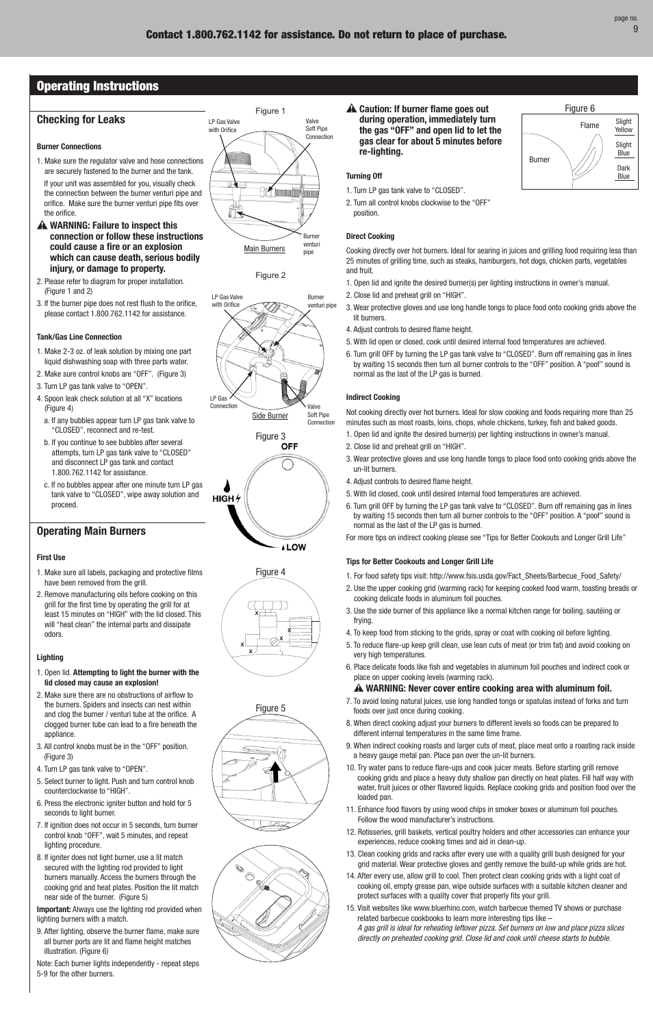 Operating instructions, Checking for leaks, Operating main burners | Blue Rhino GBC9129M User Manual | Page 9 / 24