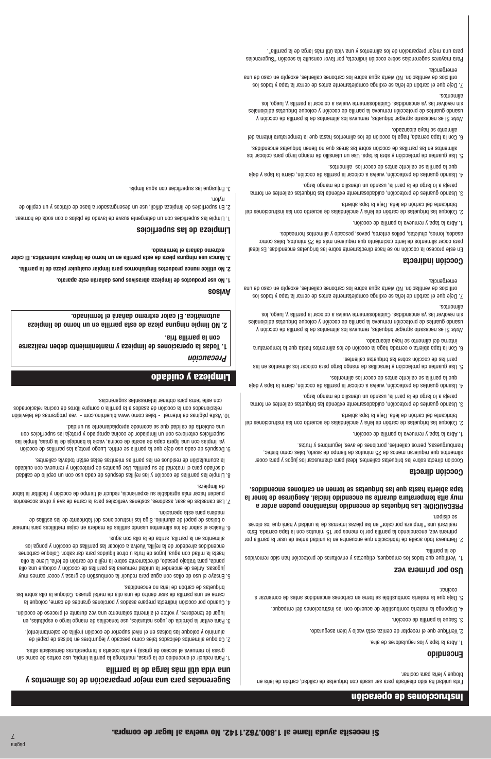 Limpieza y cuidado, Instrucciones de operación, Precaución | Avisos, Limpieza de las superficies, Encendido, Uso por primera vez, Cocción directa, Cocción indirecta | Blue Rhino CBC730W User Manual | Page 10 / 16