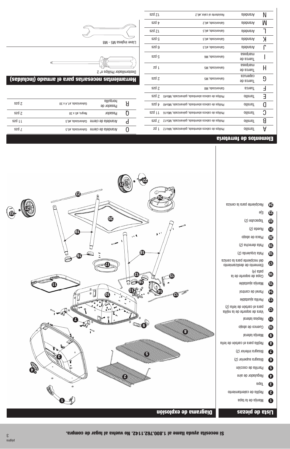 Herramientas necesarias para el armado (incluidas), Lista de piezas, Diagrama de explosión elementos de ferretería | Blue Rhino CBC730W User Manual | Page 14 / 16