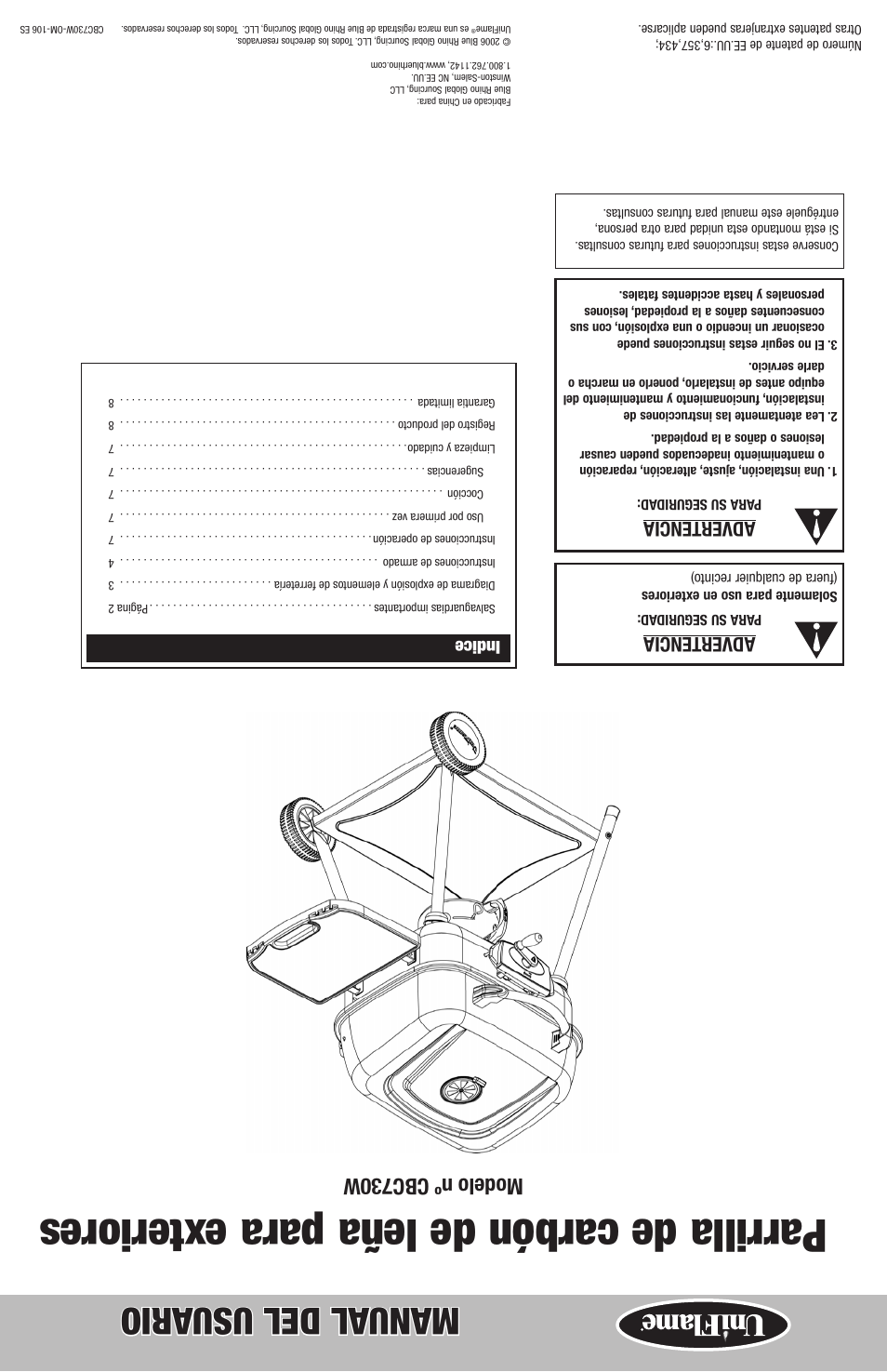 Parrilla de carbón de leña para exteriores, Manual del usu ario, Modelo nº cbc730w | Advertencia, Indice | Blue Rhino CBC730W User Manual | Page 16 / 16