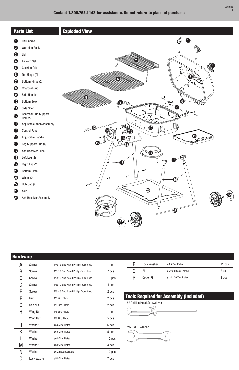 Parts list, Exploded view, Hardware | Tools required for assembly (included) | Blue Rhino CBC730W User Manual | Page 3 / 16