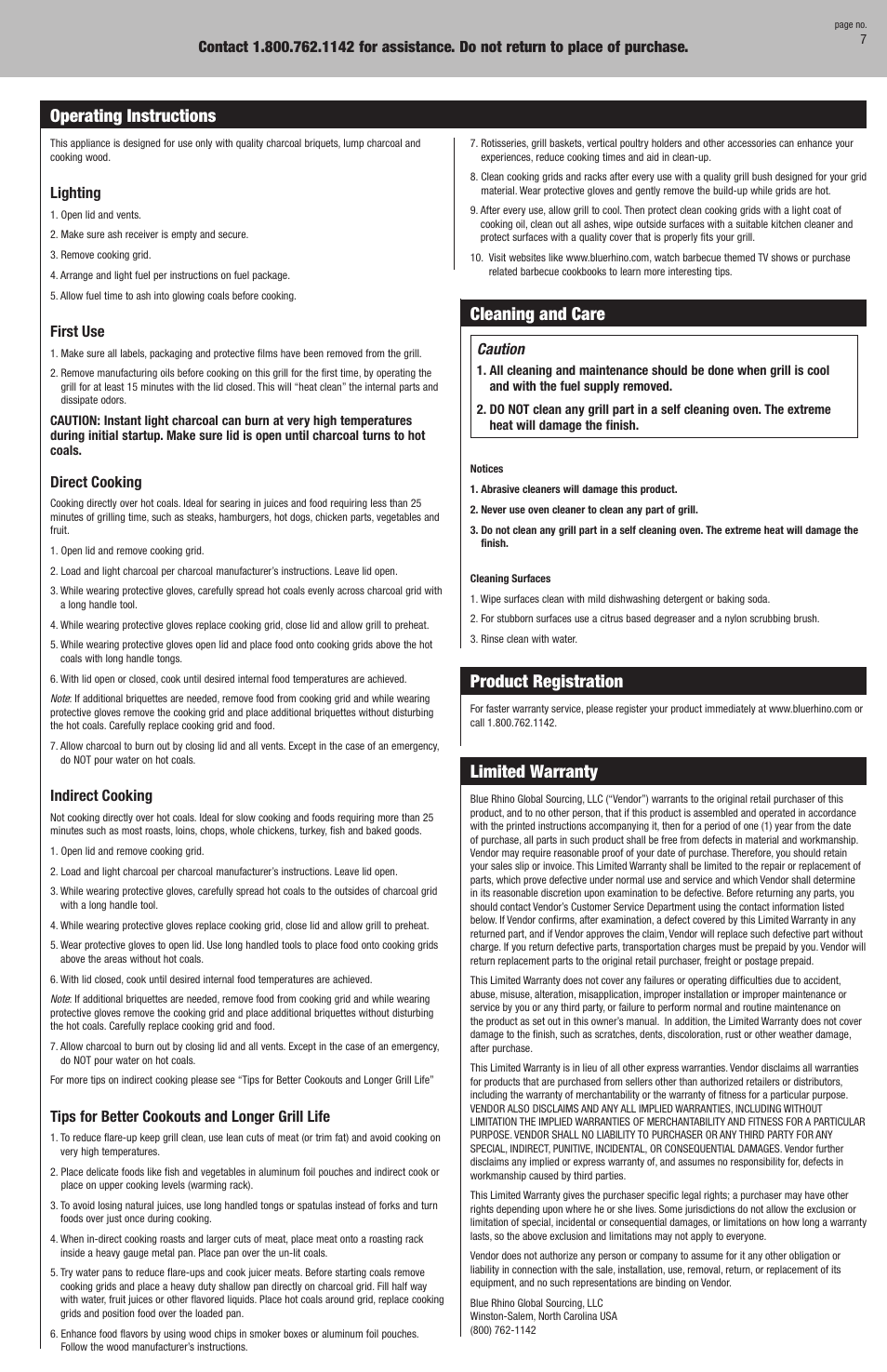Cleaning and care, Product registration, Limited warranty | Operating instructions | Blue Rhino CBC730W User Manual | Page 7 / 16