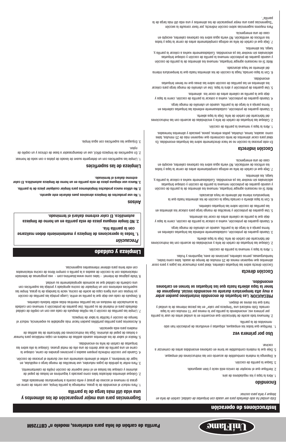 Limpieza y cuidado, Instrucciones de operación, Precaución | Avisos, Limpieza de las superficies, Encendido, Uso por primera vez, Cocción directa, Cocción indirecta | Blue Rhino CBT726M User Manual | Page 11 / 16