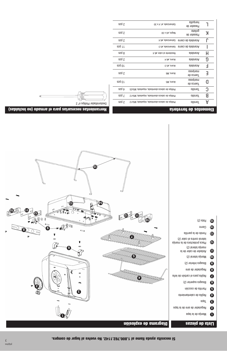 Lista de piezas, Diagrama de explosión, Elementos de ferretería | Blue Rhino CBT726M User Manual | Page 14 / 16