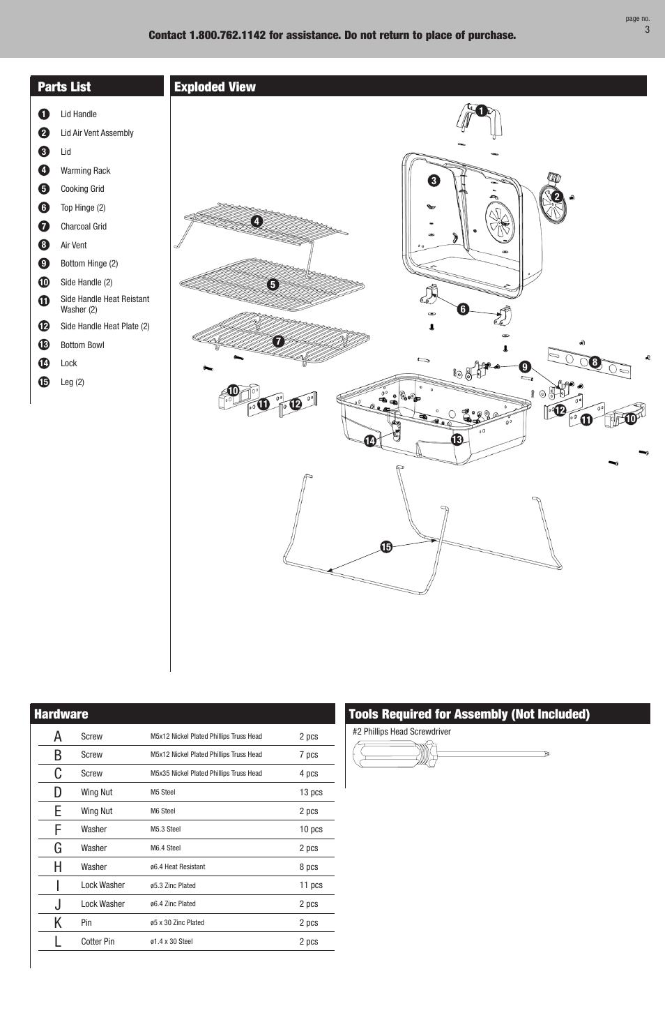 Parts list, Exploded view, Hardware | Tools required for assembly (not included) | Blue Rhino CBT726M User Manual | Page 3 / 16
