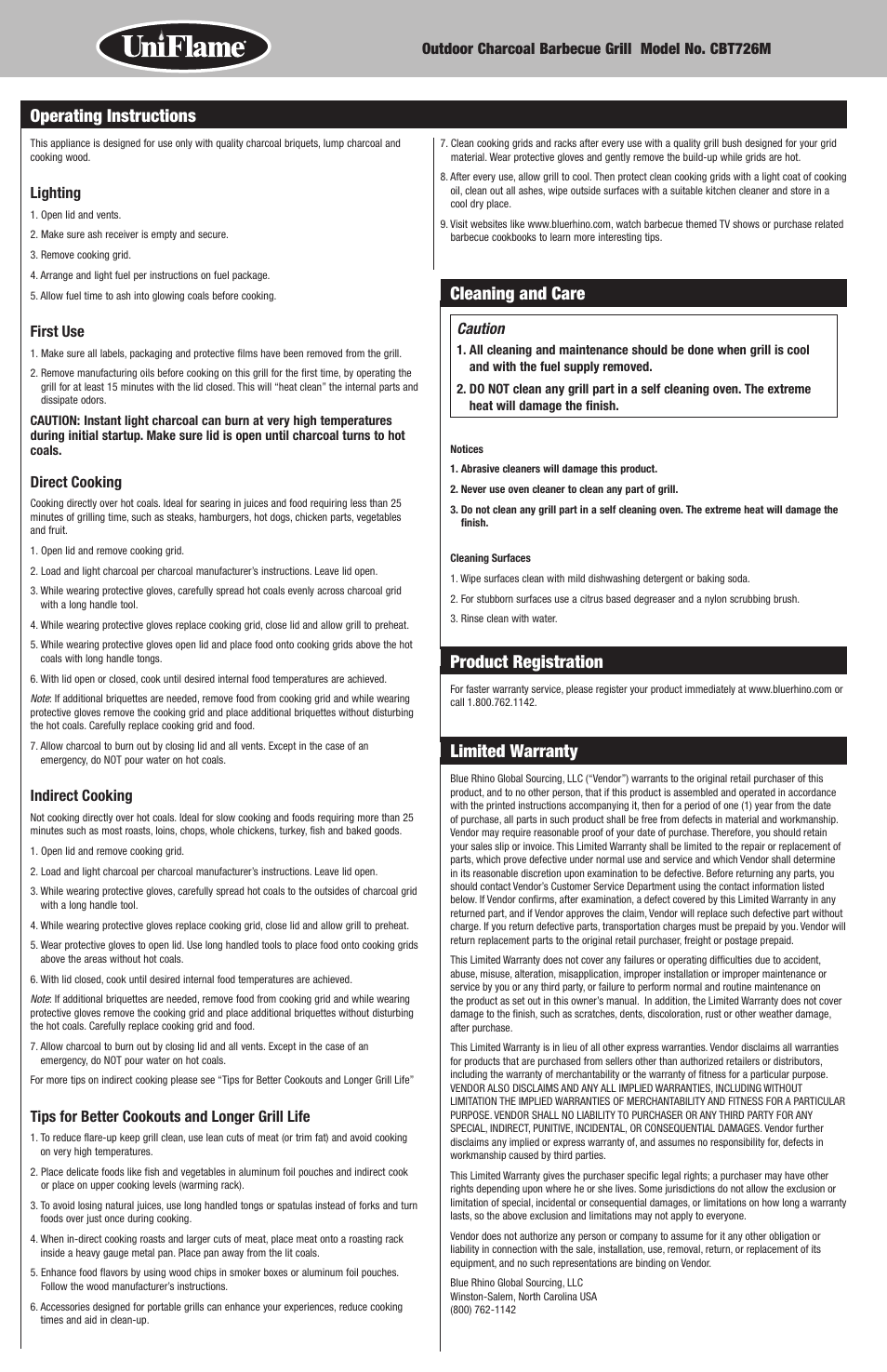 Cleaning and care, Product registration, Limited warranty | Operating instructions | Blue Rhino CBT726M User Manual | Page 6 / 16