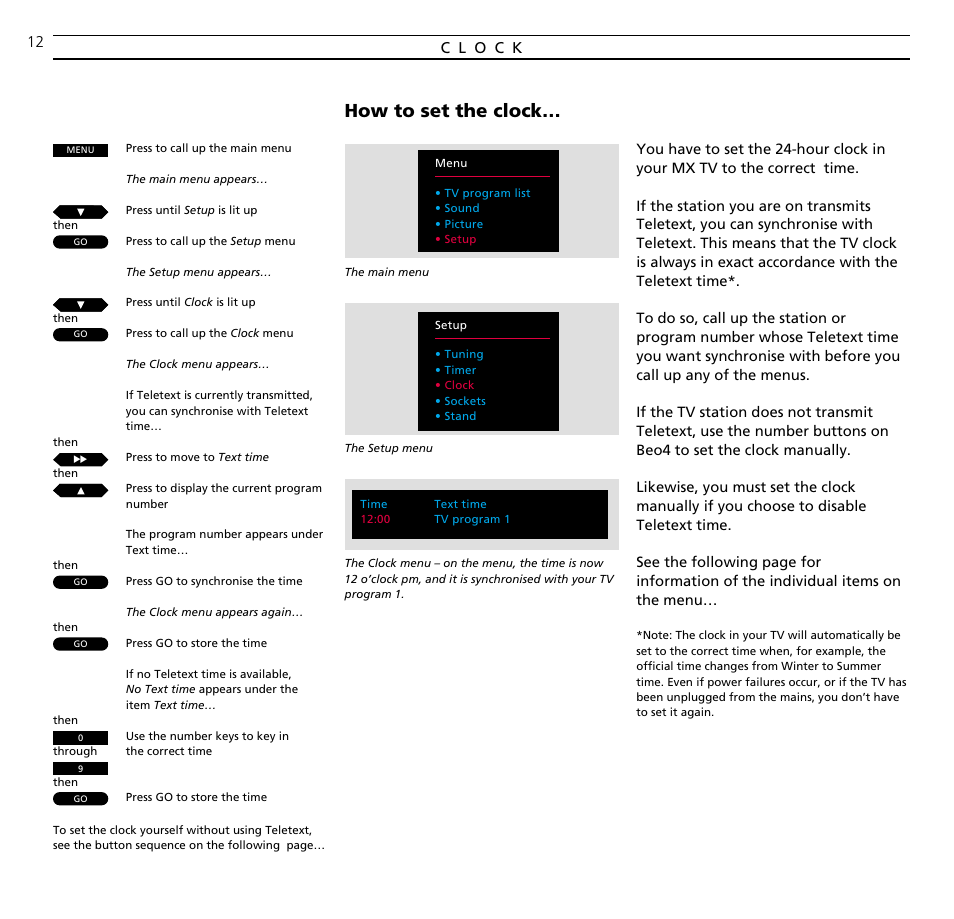 Clock, How to set the clock | Bang & Olufsen BeoVision MX TV User Manual | Page 12 / 40