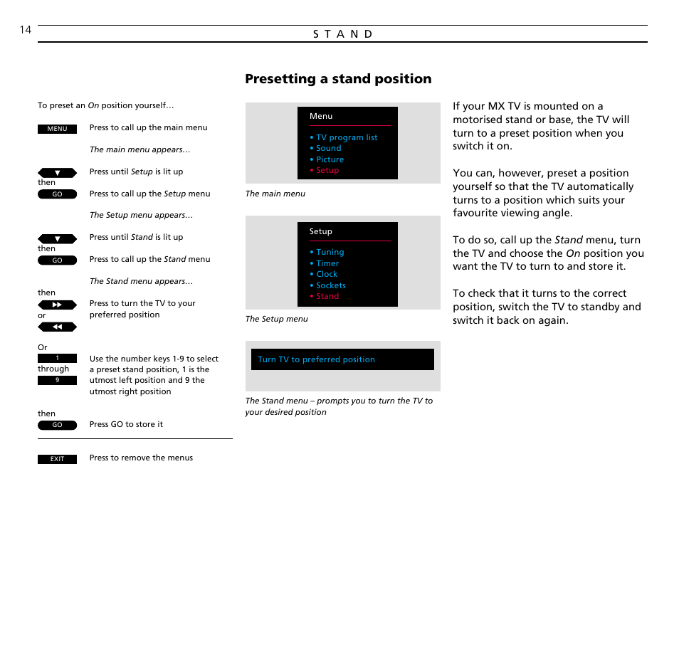 Stand, Presetting a stand position | Bang & Olufsen BeoVision MX TV User Manual | Page 14 / 40