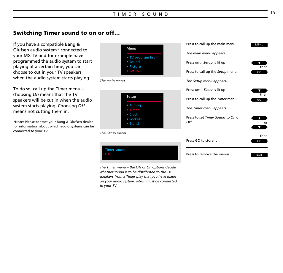 Timer sound, Switching timer sound to on or off | Bang & Olufsen BeoVision MX TV User Manual | Page 15 / 40