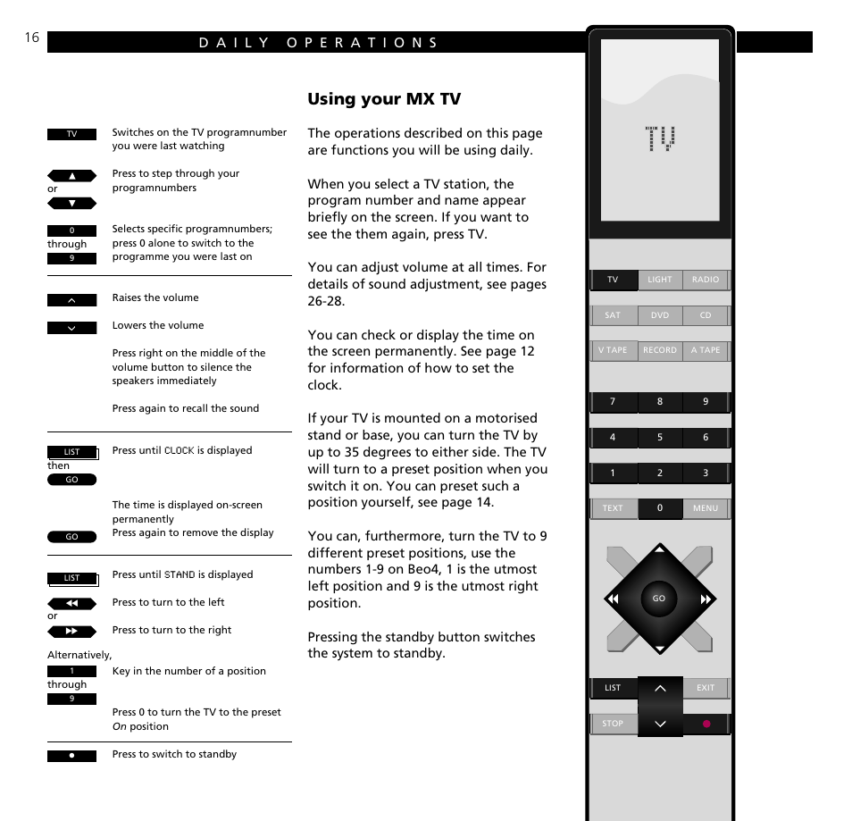 Daily operations, Using your mx tv | Bang & Olufsen BeoVision MX TV User Manual | Page 16 / 40