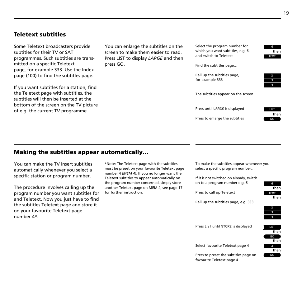 Teletext subtitles, Making the subtitles appear automatically | Bang & Olufsen BeoVision MX TV User Manual | Page 19 / 40