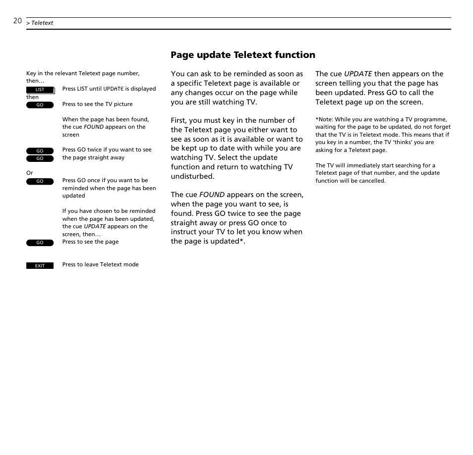 Page update teletext function | Bang & Olufsen BeoVision MX TV User Manual | Page 20 / 40