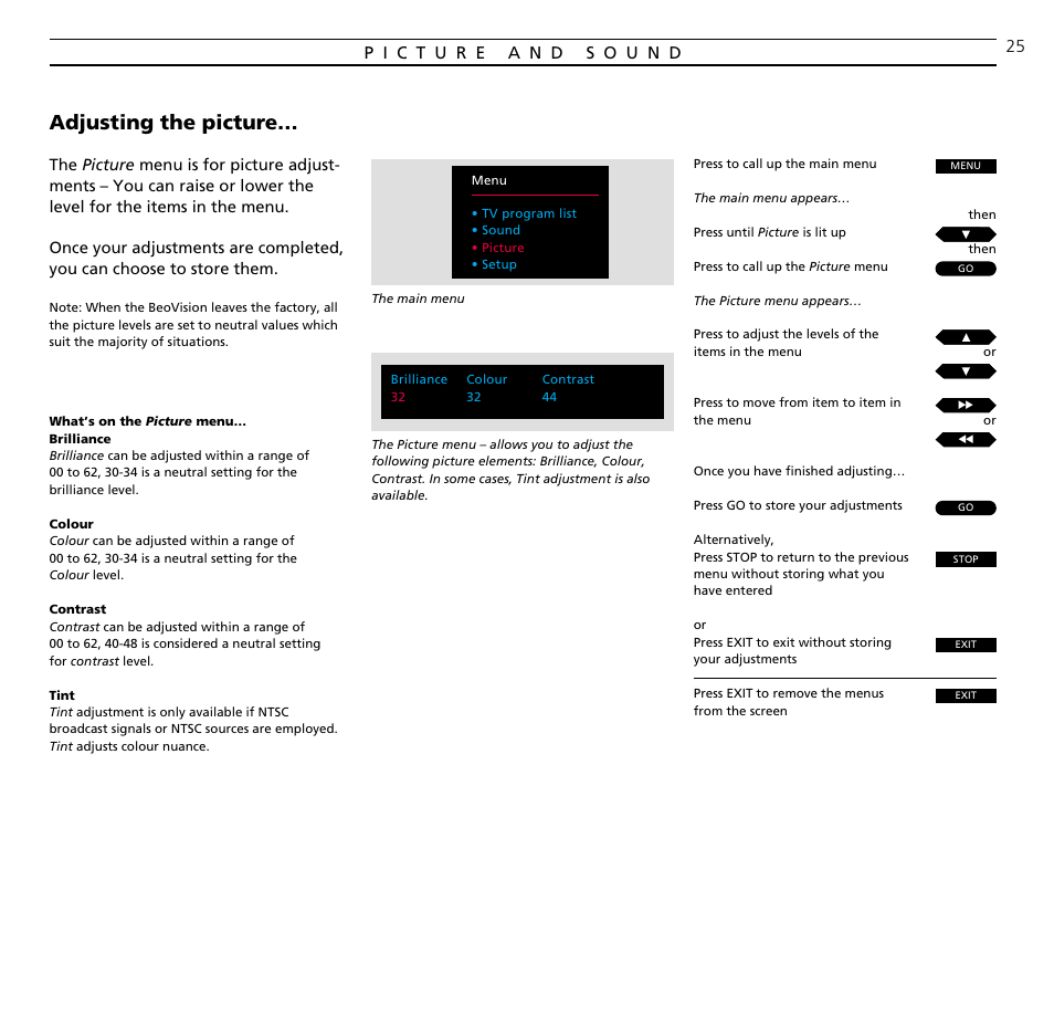Picture and sound, Adjusting the picture | Bang & Olufsen BeoVision MX TV User Manual | Page 25 / 40
