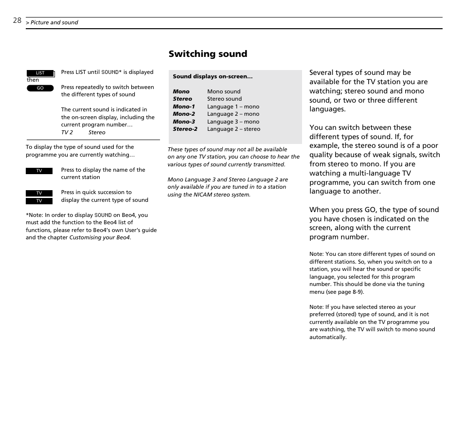 Switching sound | Bang & Olufsen BeoVision MX TV User Manual | Page 28 / 40