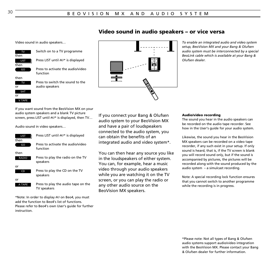 Beovision mx and audio system, Video sound in audio speakers – or vice versa | Bang & Olufsen BeoVision MX TV User Manual | Page 30 / 40