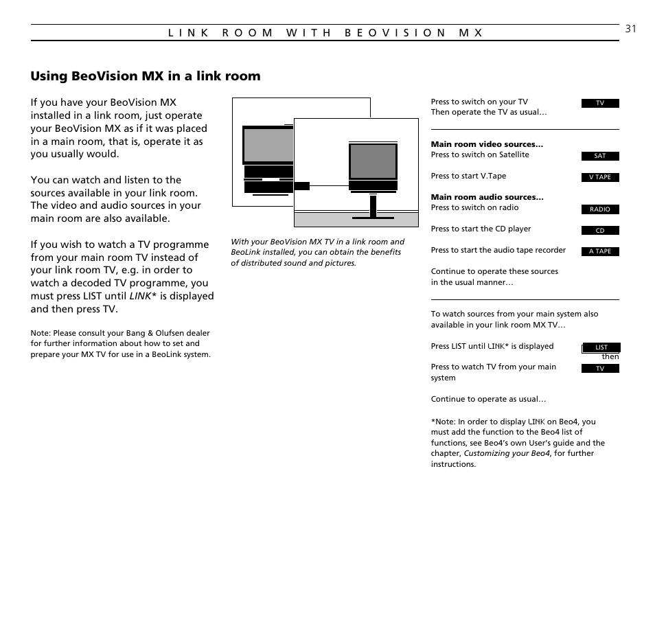 Link room with beovision mx, Using beovision mx in a link room | Bang & Olufsen BeoVision MX TV User Manual | Page 31 / 40