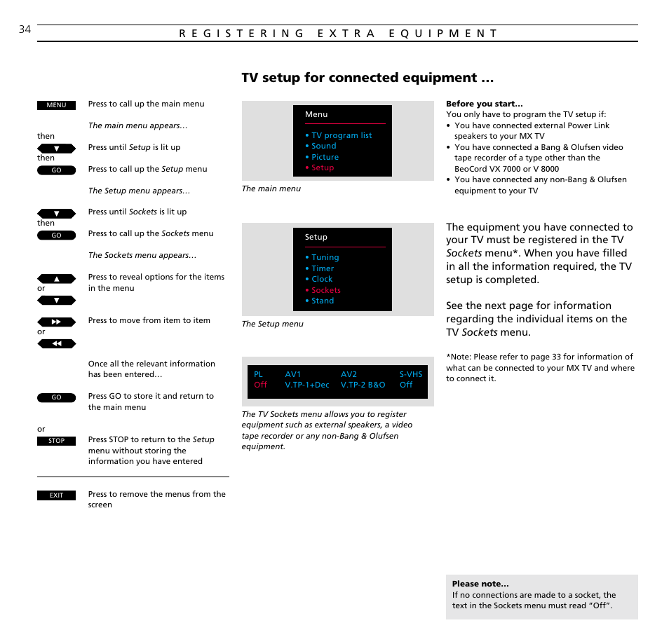 Registering extra equipment, Tv setup for connected equipment | Bang & Olufsen BeoVision MX TV User Manual | Page 34 / 40