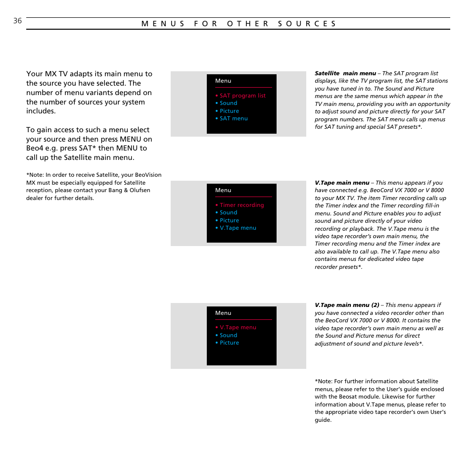 Menus for other sources | Bang & Olufsen BeoVision MX TV User Manual | Page 36 / 40