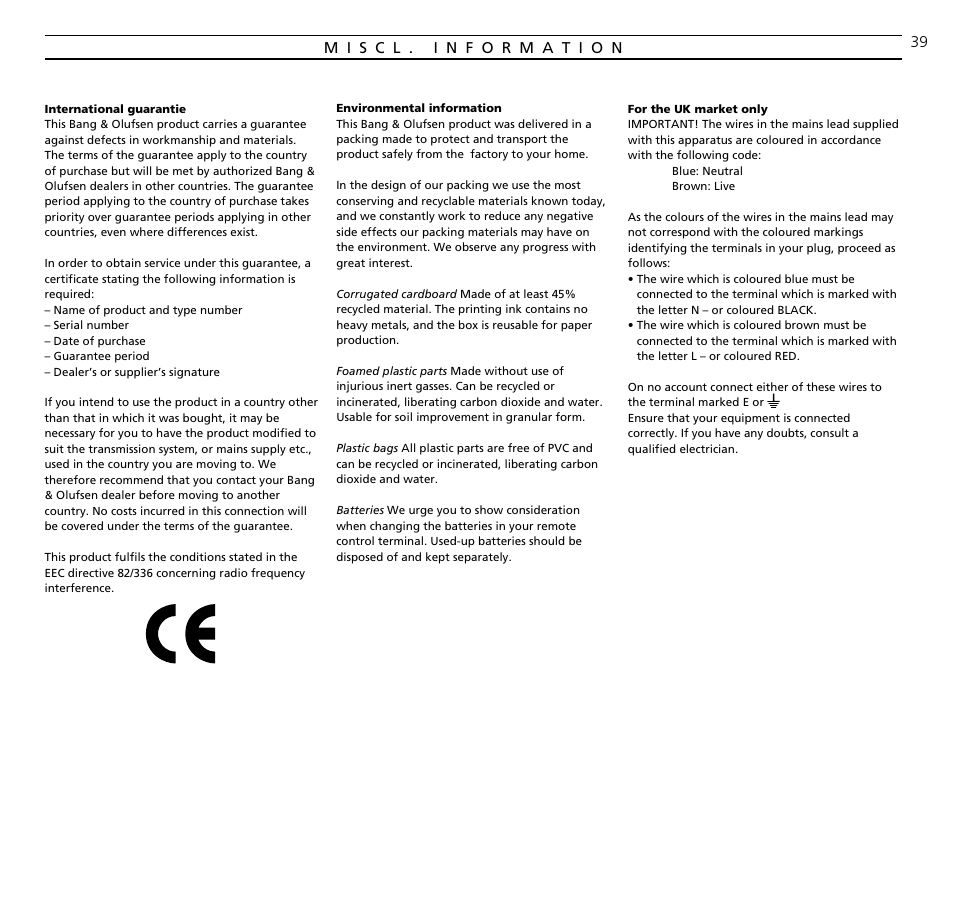 Miscl. information | Bang & Olufsen BeoVision MX TV User Manual | Page 39 / 40
