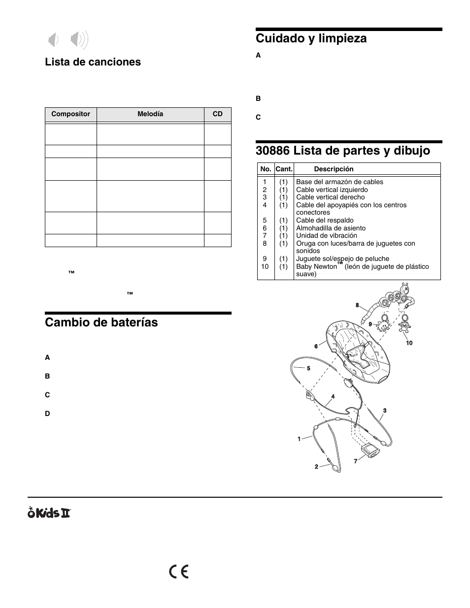 Cambio de baterías, Cuidado y limpieza, Lista de canciones | Baby Einstein 30886 User Manual | Page 12 / 18