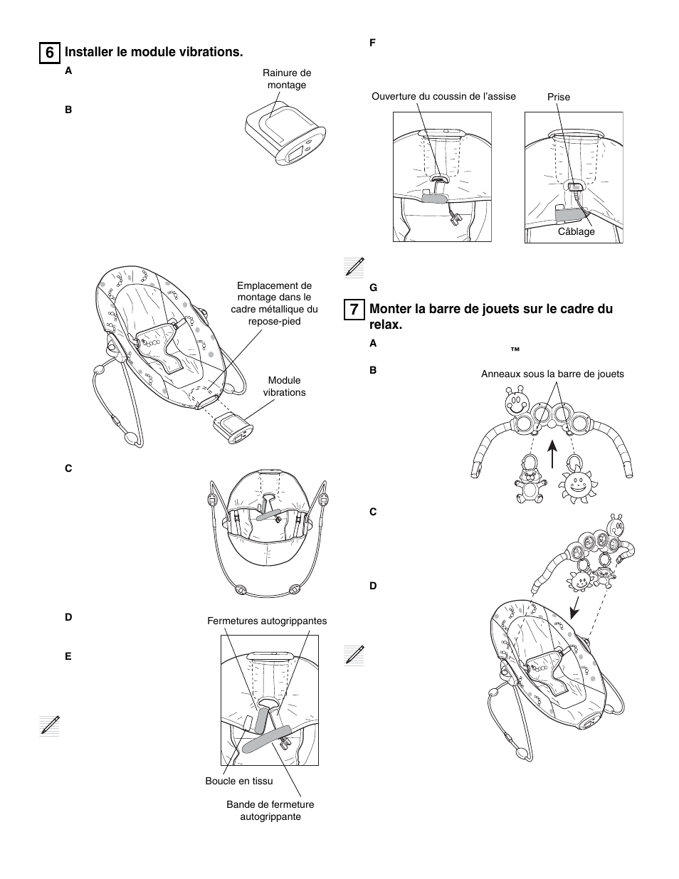 Installer le module vibrations, Monter la barre de jouets sur le cadre du relax | Baby Einstein 30886 User Manual | Page 16 / 18