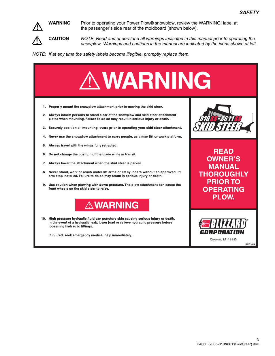 Blizzard Entertainment Blizzard Power Plow 810SS User Manual | Page 3 / 32
