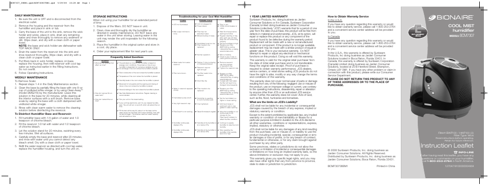 BIONAIRE BCM7307 User Manual | 2 pages