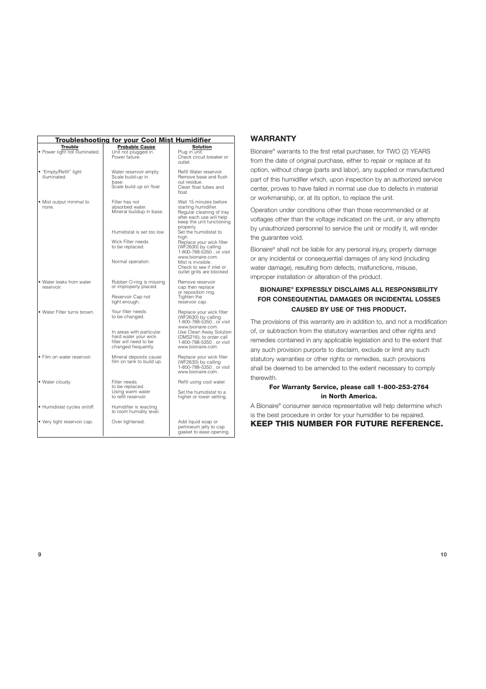 Warranty, Keep this number for future reference | BIONAIRE BCM4509 User Manual | Page 10 / 11