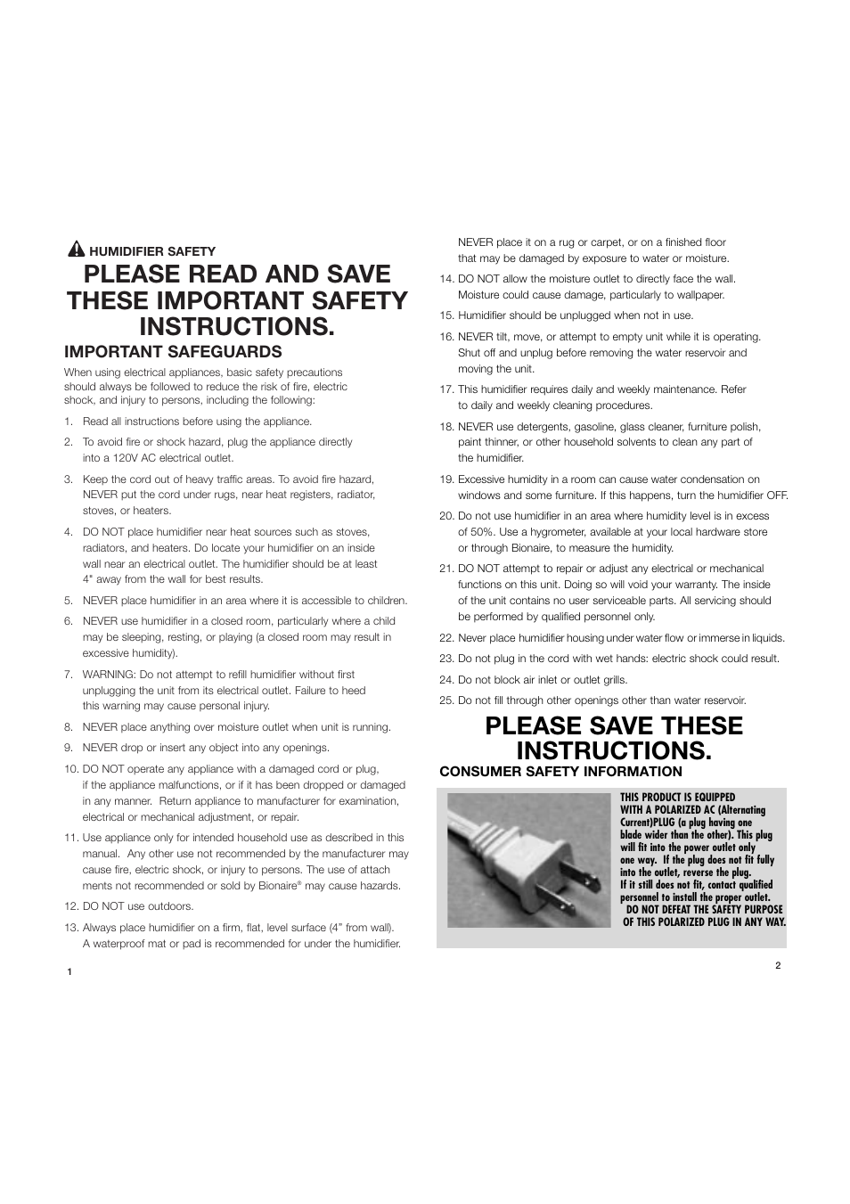 Please save these instructions, Important safeguards | BIONAIRE BCM4509 User Manual | Page 2 / 11