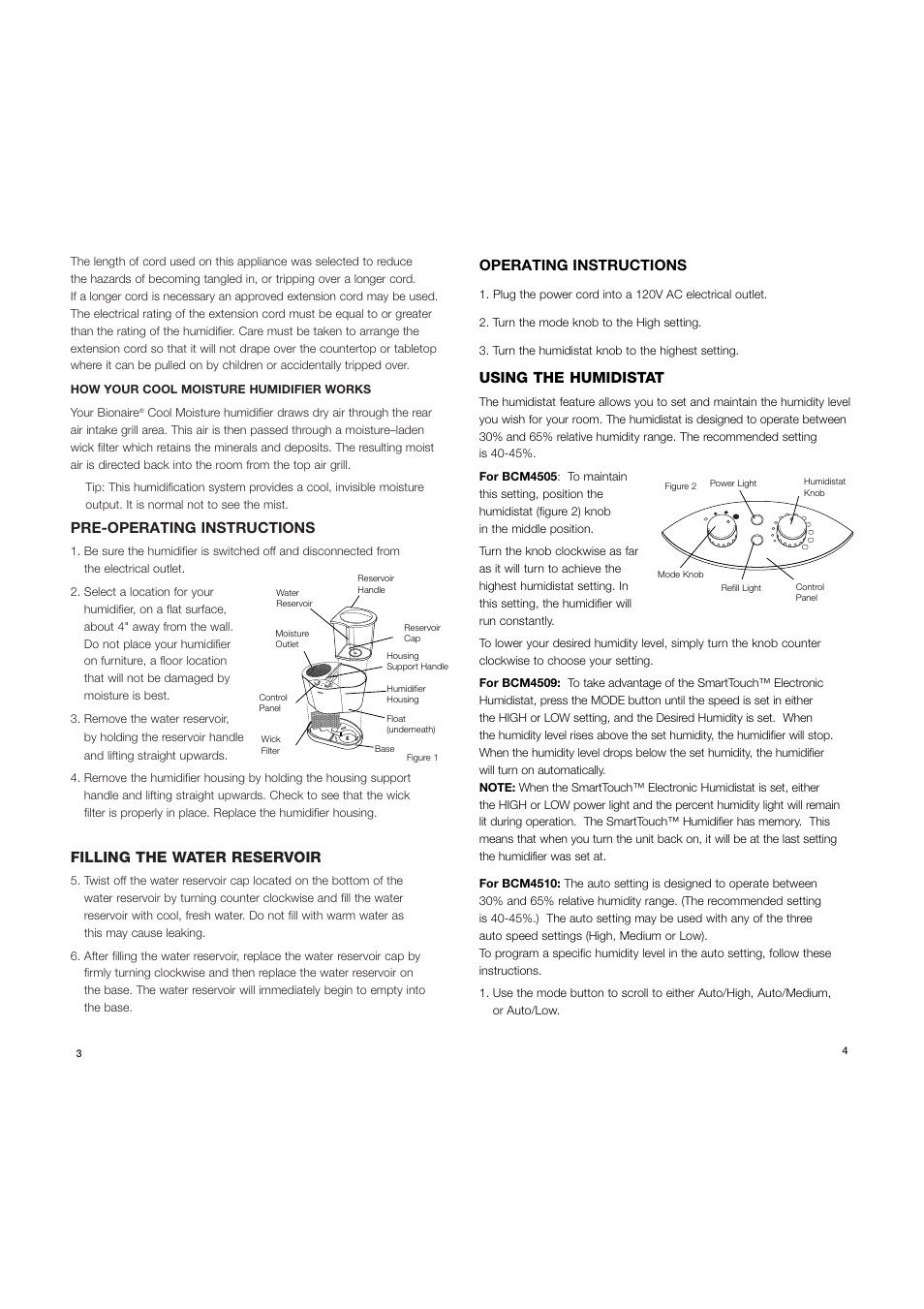 Pre-operating instructions, Filling the water reservoir, Operating instructions | Using the humidistat | BIONAIRE BCM4509 User Manual | Page 4 / 11